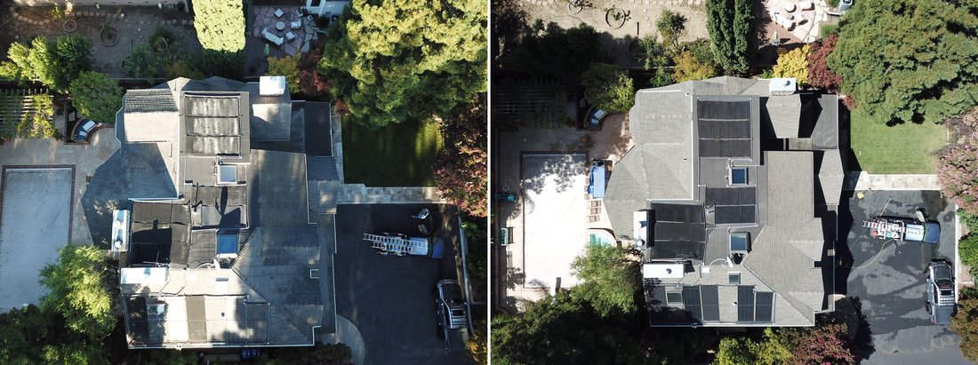 Aerial drone before and after of a full roof cleaning on a large Mountain View, CA home