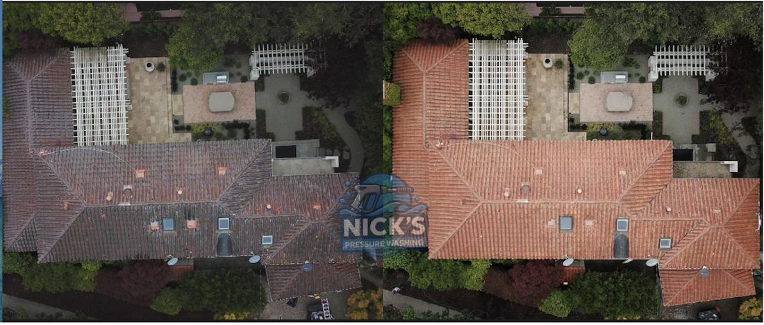 Aerial before and after soft washing a large clay tile estate roof on the SF Peninsula