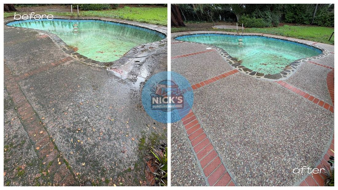 Before and after pressure washing on exposed aggregate concrete