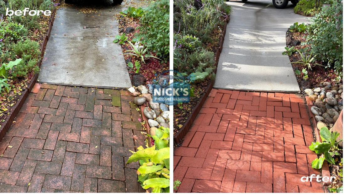 Before and after cleaning a brick patio in San Mateo, CA