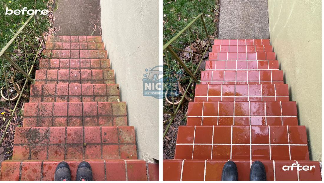 Before and after pressure washing a brick patio in Hillsborough, CA