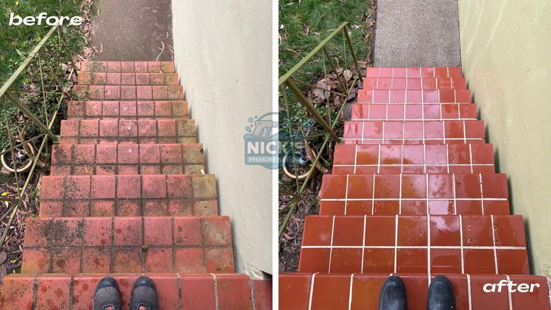 Brick patio stairs before and after pressure washing in Hillsborough, CA