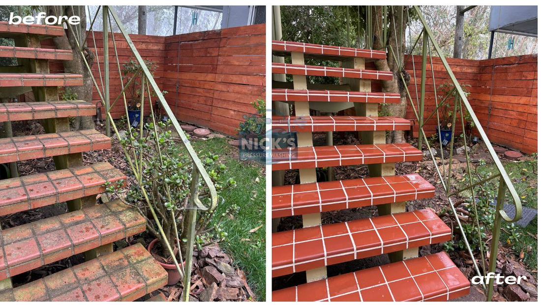 Before and after pressure washing a brick walkway in Burlingame, CA