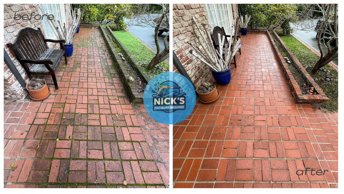 Before and after pressure washing a brick walkway in Atherton, CA