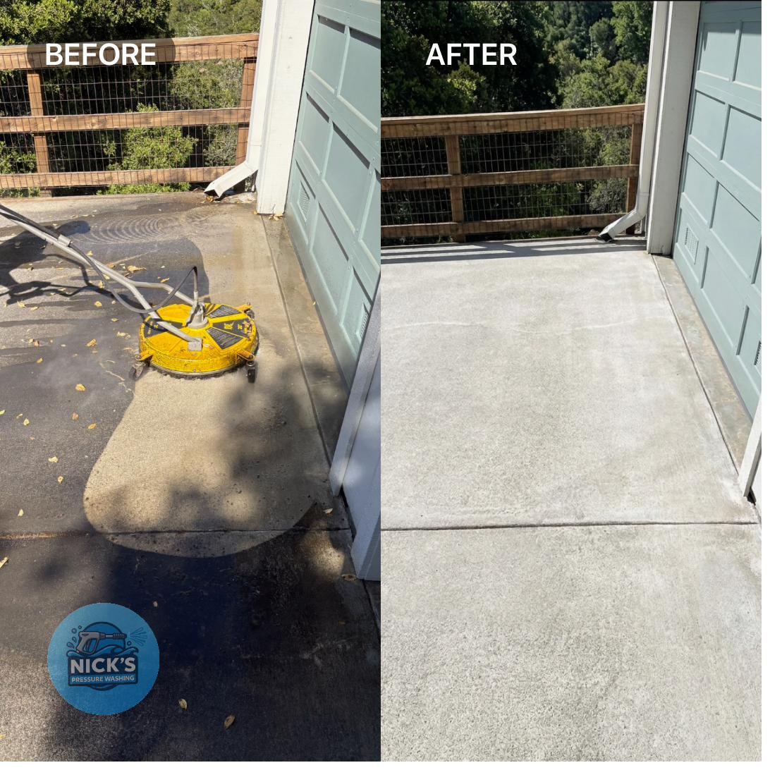 Surface cleaner mid-pass on a concrete driveway, with the finished clean result