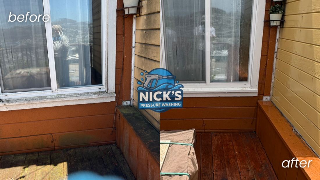 Before and after soft washing a deck, siding and window on a San Francisco home