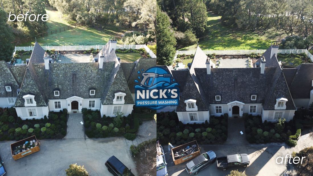 Aerial before and after soft wash of a slate estate roof in Woodside, CA