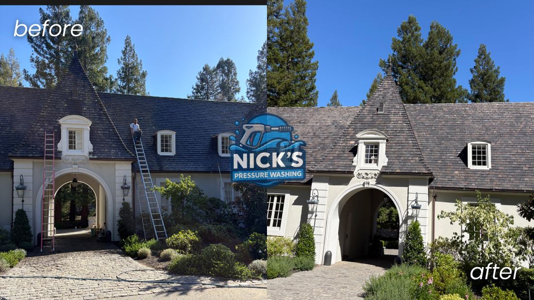 Before and after soft washing the roof of a French country estate in Woodside, CA