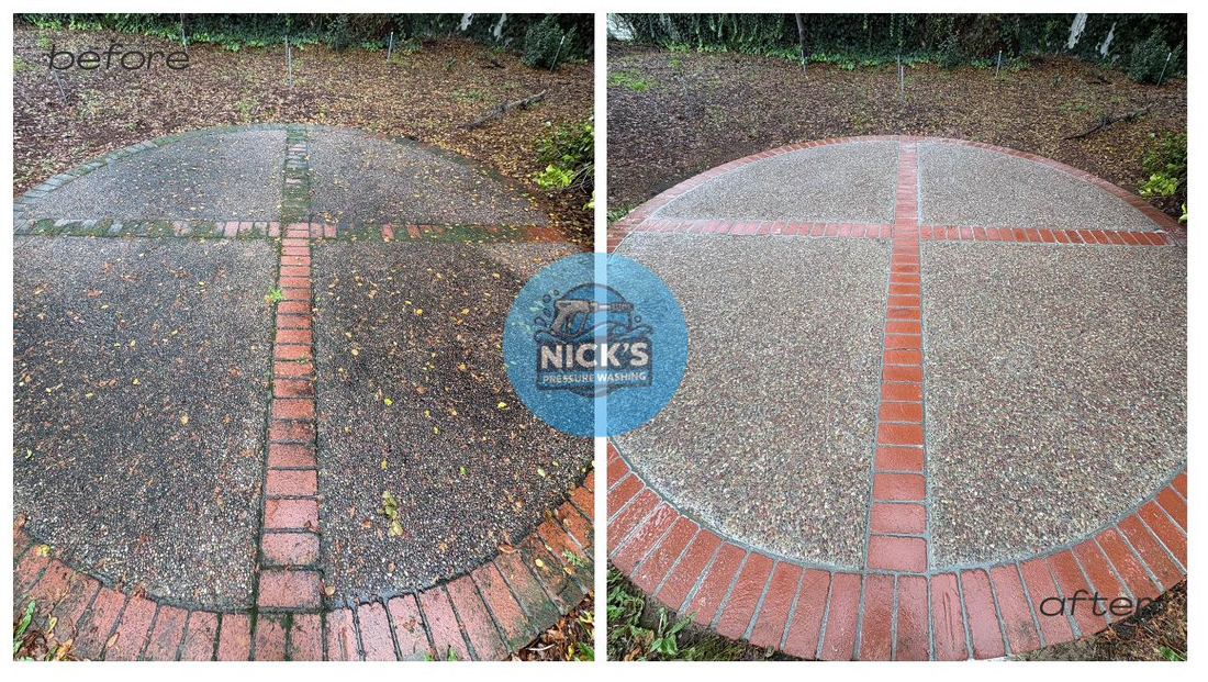 Before and after cleaning exposed aggregate concrete with brick banding in Atherton, CA