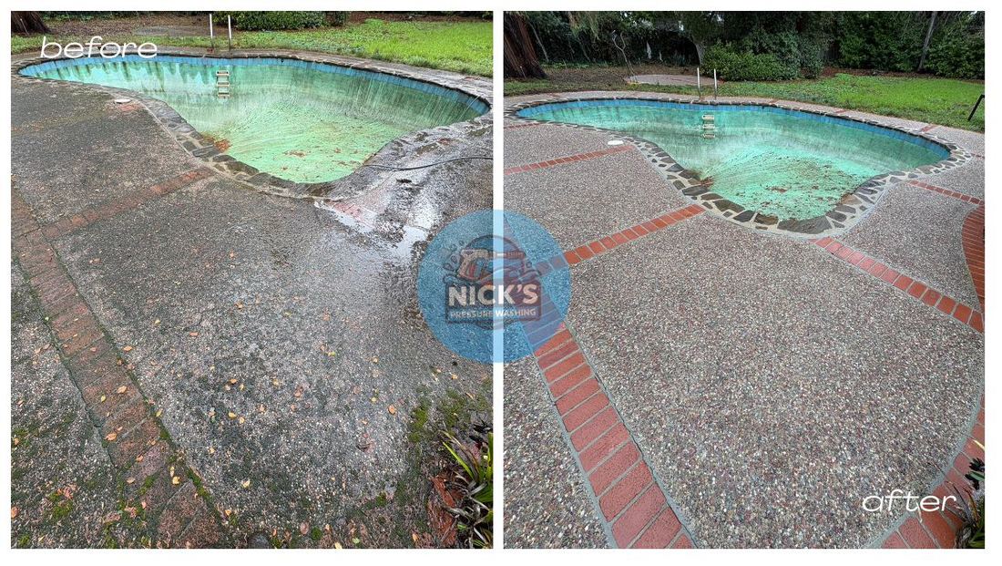 Before and after pressure washing exposed aggregate concrete in Atherton, CA