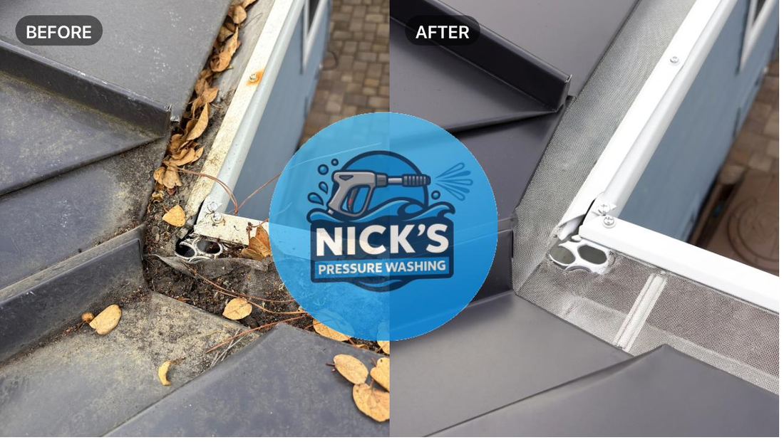 Before and after clearing packed leaf debris from a roof valley and gutter corner