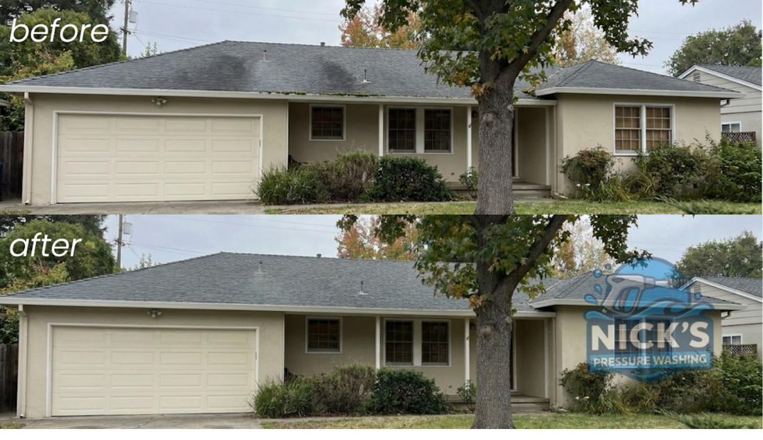 Before and after cleaning a ranch home roof and stucco exterior, moss removed from shingle