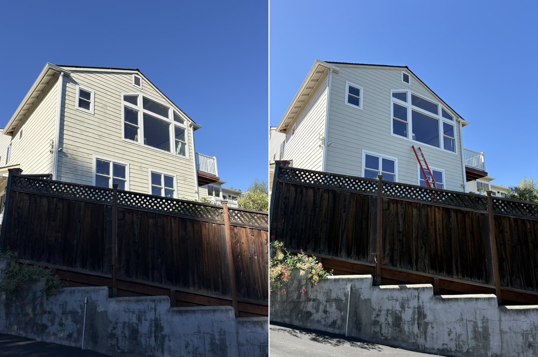 Before and after soft washing the full two-story exterior of a Hillsborough, CA home