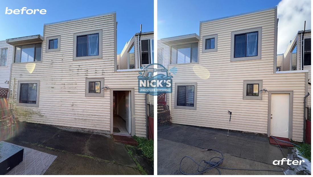Before and after house washing of a two-story home exterior in Belmont, CA