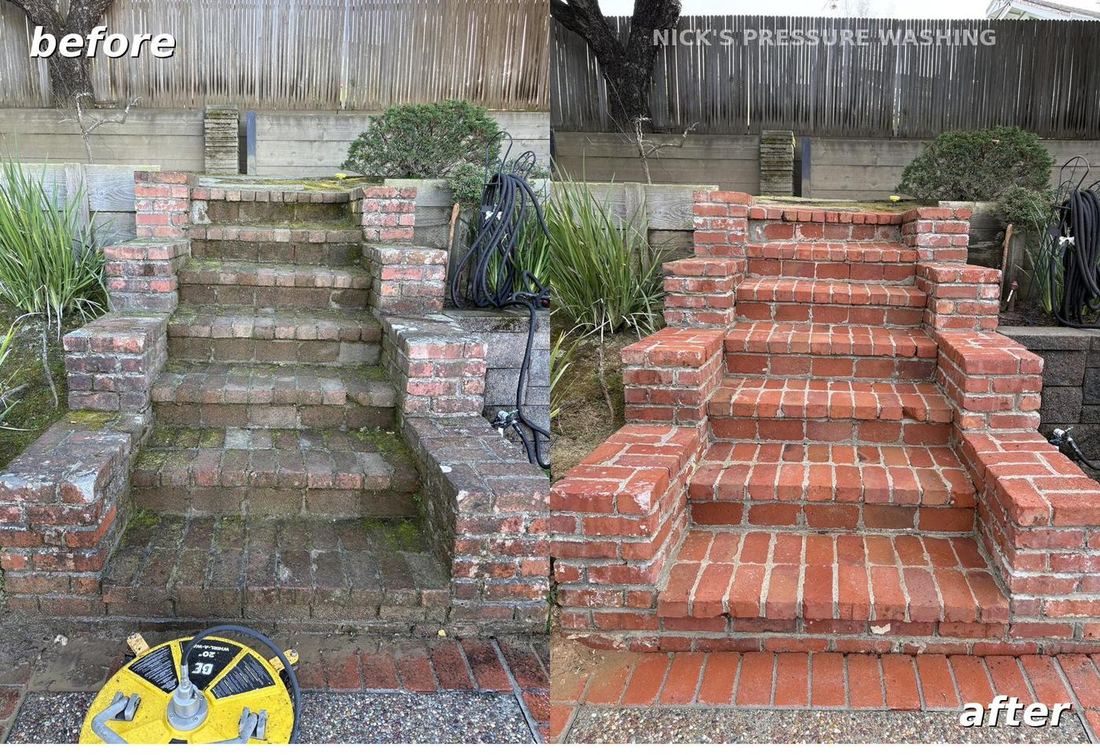Red brick garden stairs before and after pressure washing restoration