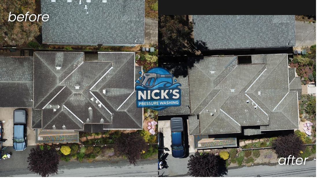 Aerial before and after of a shingle roof cleaned of moss and debris on the SF Peninsula