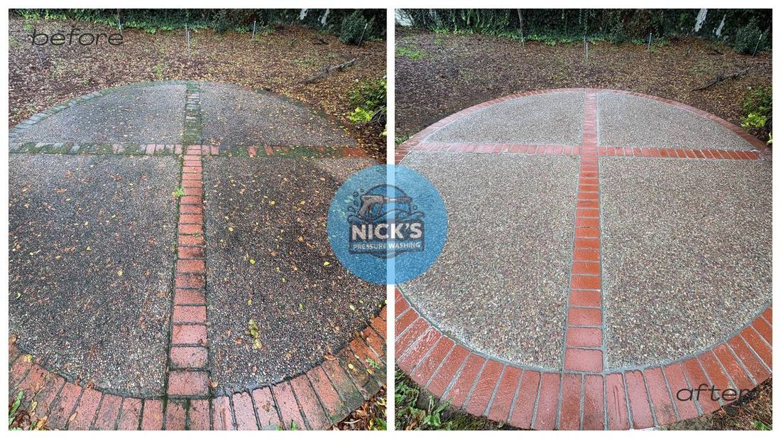 Seasonal exterior cleaning before and after on exposed aggregate concrete
