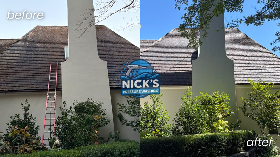 Before and after cleaning a wood shake roof and chimney in Woodside, CA