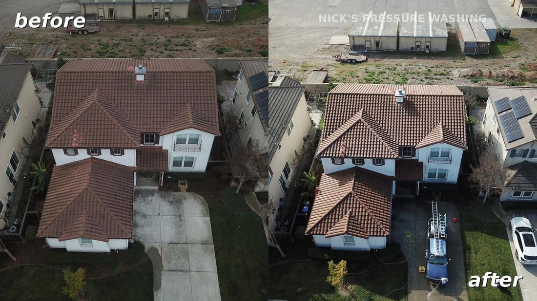 Tile roof aerial before and after — same view your insurer sees from satellite imagery