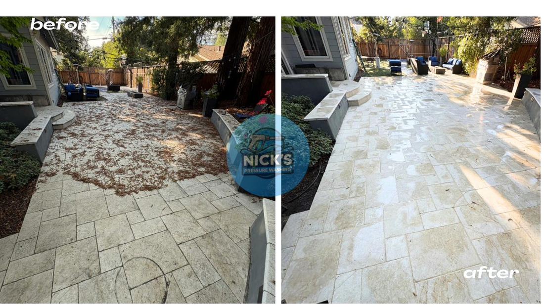Before and after cleaning a travertine paver patio buried in redwood debris